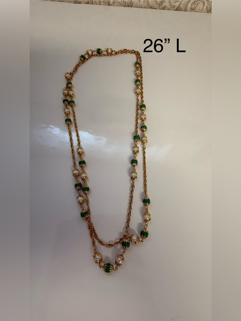 Gold Tone Long Necklace with Green and Pearl Beads 26 inches in length